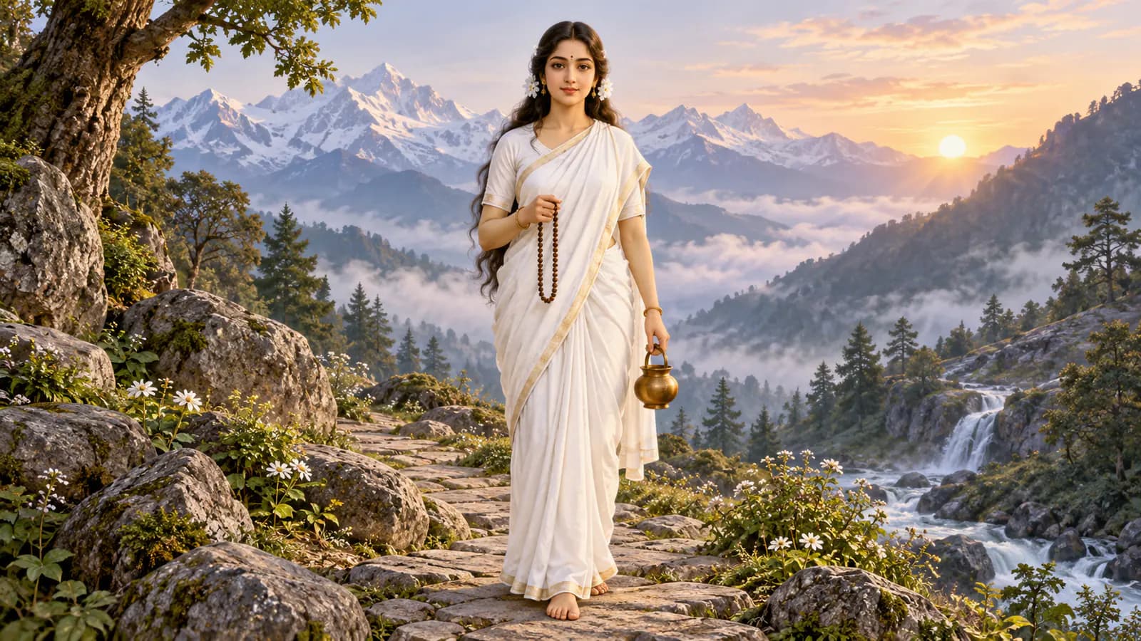 తెల్ల చీరలో జపమాల, కమండలం పట్టుకుని నిలిచిన బ్రహ్మచారిణి దేవి