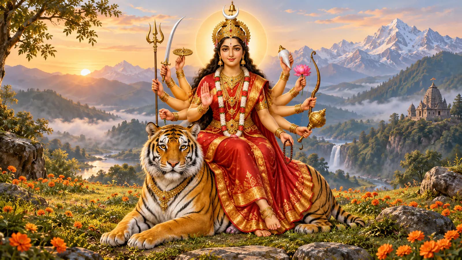 పది చేతులు, గంట ఆకార చంద్రుడితో పులిపై ఆసీనమైన చంద్రఘంటా దేవి