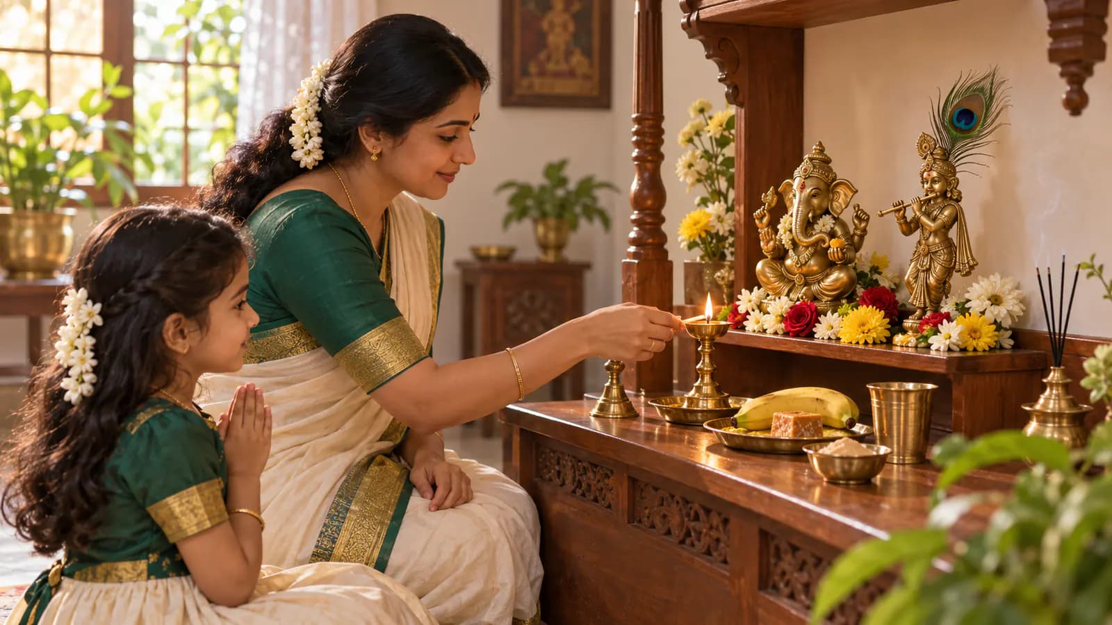 ఇంటి పూజా మందిరంలో దీపం వెలిగిస్తున్న తల్లి, పక్కన చూస్తున్న చిన్నారి