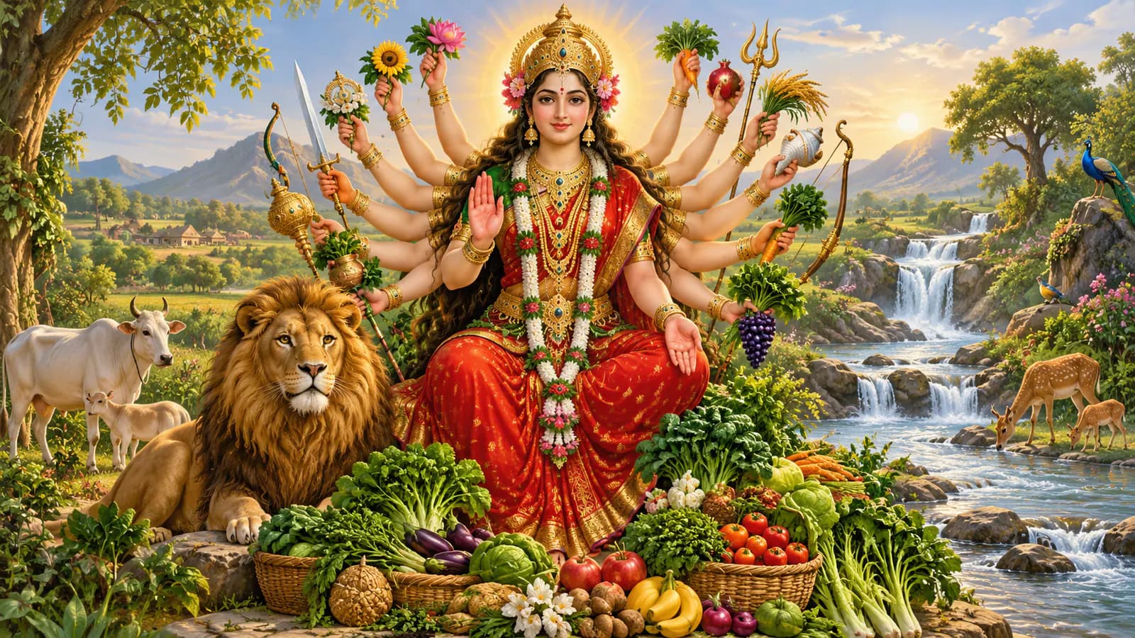 ఆకుకూరలు, పండ్లు, పచ్చని ప్రకృతి మధ్య శాకంభరి దేవి భక్తి చిత్రణ