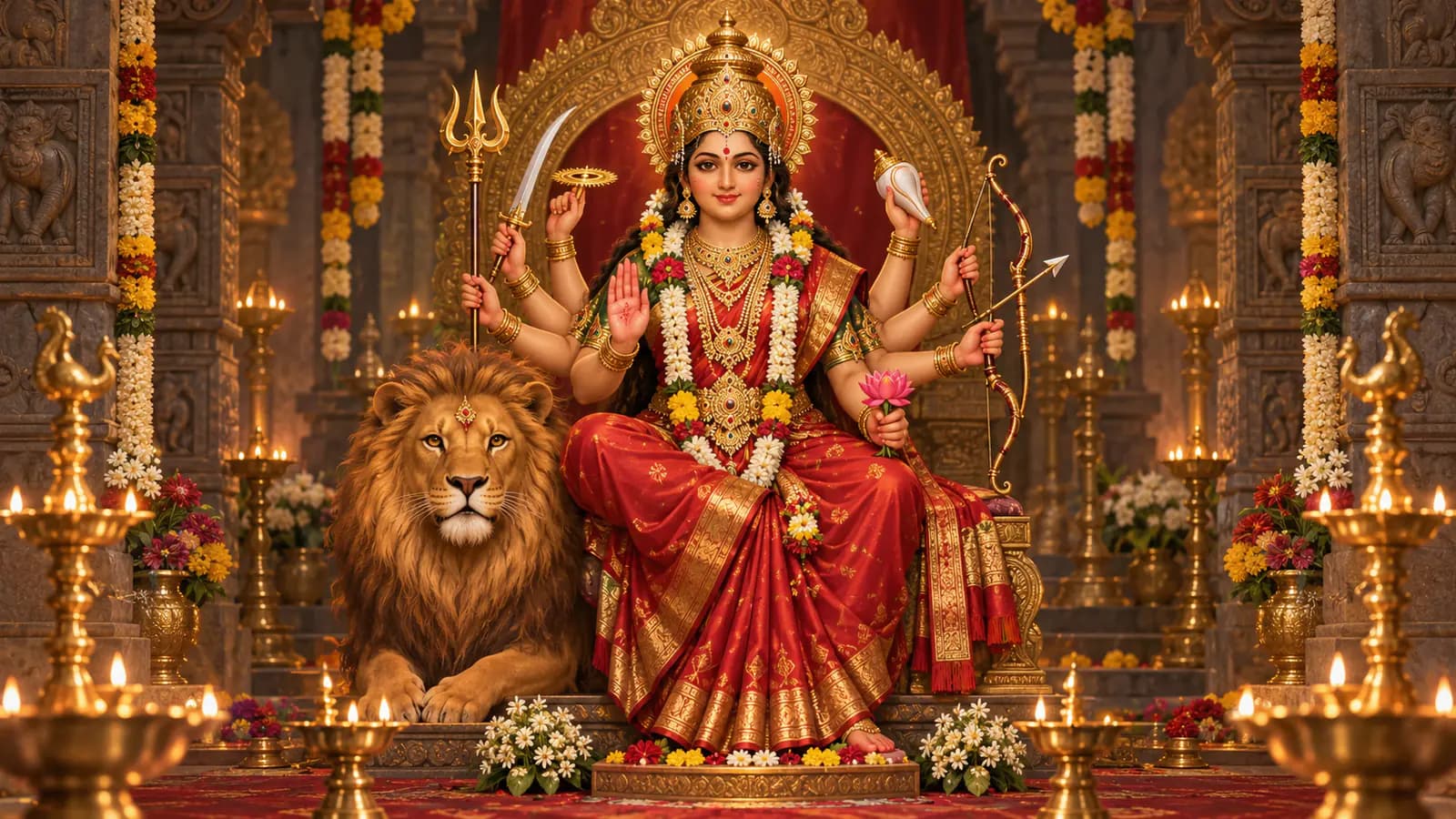 పూల దండలు, ఎర్ర చీరతో సింహం పక్కన ఆసీనమైన దుర్గాదేవి; చుట్టూ ఆలయ దీపాలు