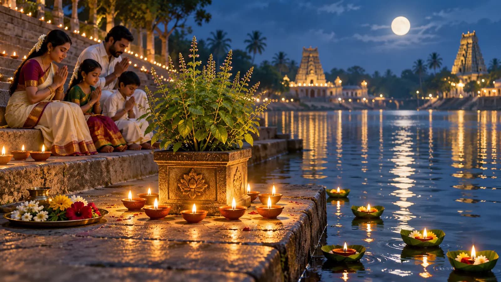 కార్తీక సాయంత్రం తులసి దగ్గర వెలిగే దీపాలు, ప్రశాంత నదిలో తేలుతున్న చిన్న దీపాలు