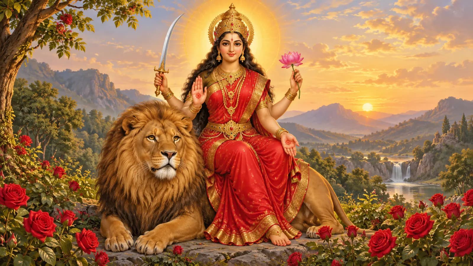 సింహ వాహనంపై ఖడ్గం, కమలం ధరించిన కాత్యాయని దేవి చిత్రణ