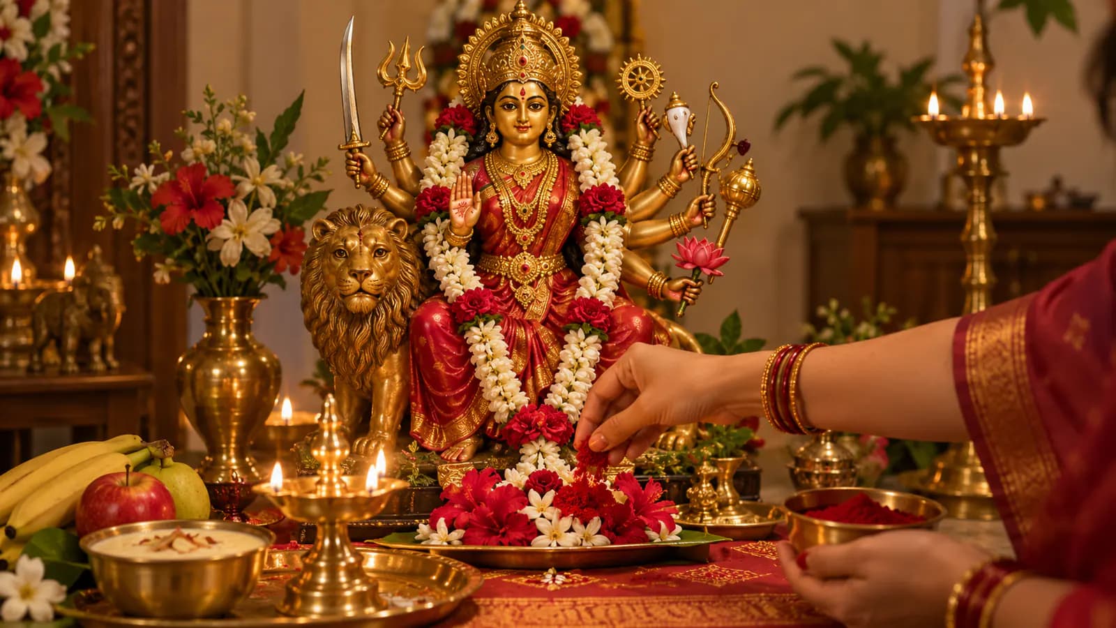 Hands offering kumkuma before a flower-garlanded Chandi idol at a home altar with lamps and fruit