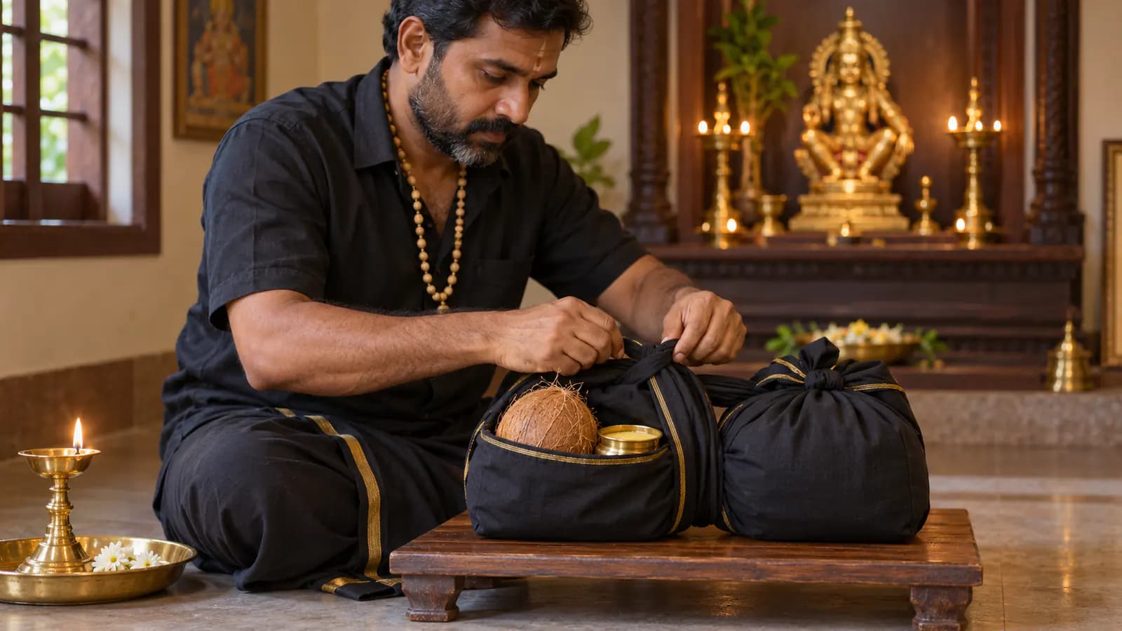 అయ్యప్ప భక్తుడు ఇరుముడి బట్ట మూటను కడుతున్న దృశ్యం; పక్కన కొబ్బరికాయ, నెయ్యి పాత్ర