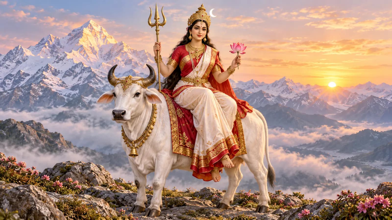 హిమాలయాల నేపథ్యంలో వృషభంపై త్రిశూలం, కమలం పట్టుకుని ఆసీనమైన శైలపుత్రి దేవి