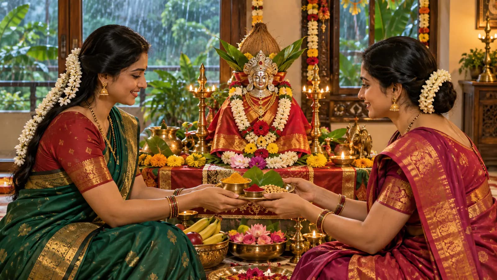 వరలక్ష్మి కలశం పక్కన పసుపు, కుంకుమ, తాంబూలం అందుకుంటున్న మహిళలు