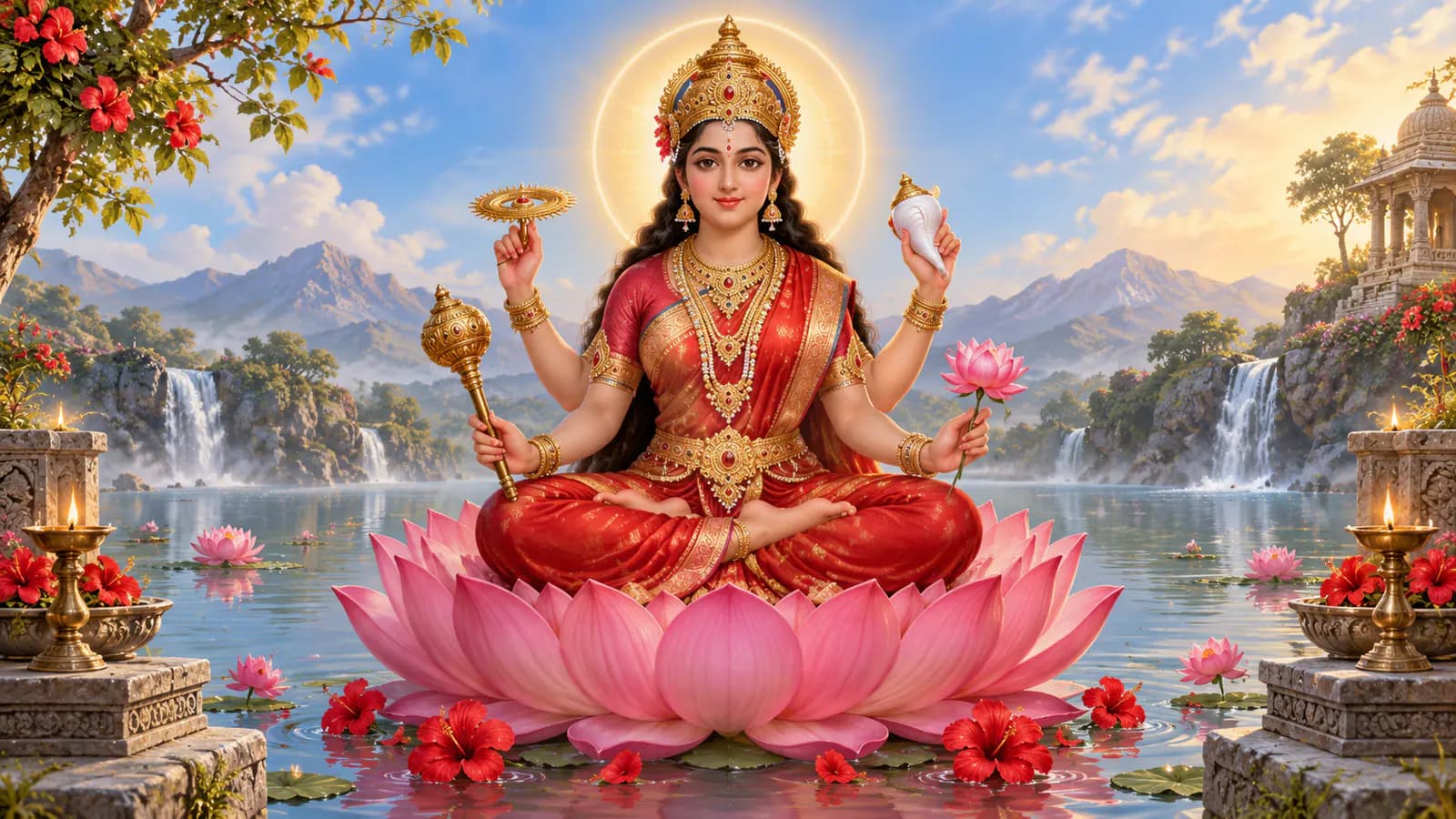 కమలంపై చక్రం, గద, శంఖం, పద్మం ధరించి కూర్చున్న సిద్ధిదాత్రి దేవి
