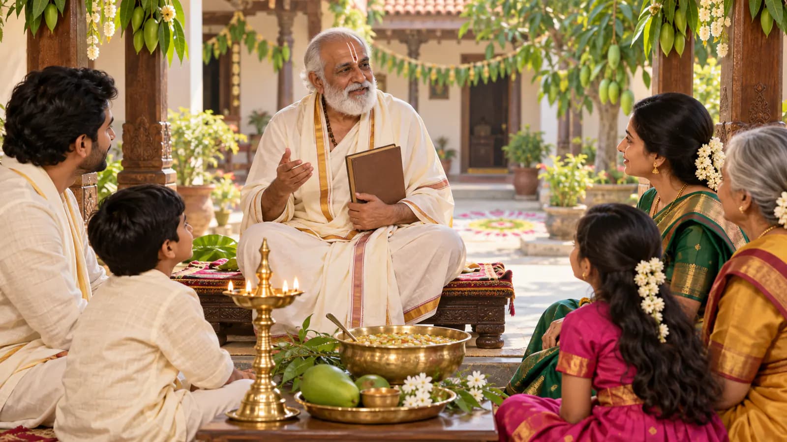 మామిడి తోరణాలతో అలంకరించిన ప్రాంగణంలో ఉగాది పంచాంగ శ్రవణం వింటున్న కుటుంబం