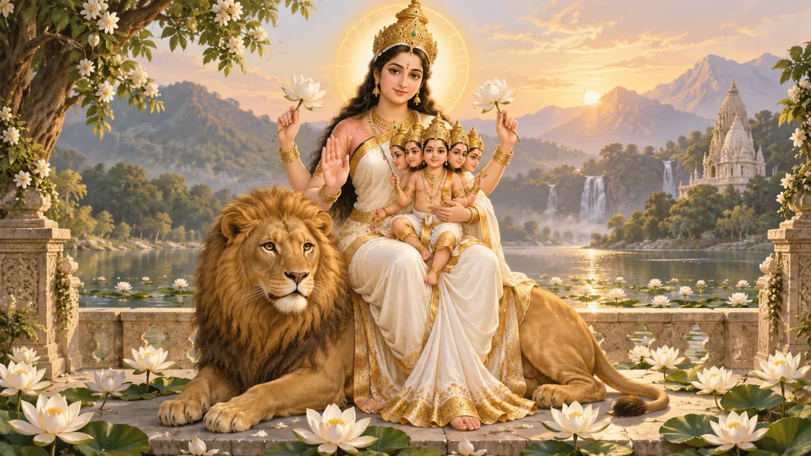 సింహంపై కూర్చుని బాల స్కందుడిని ఒడిలో పట్టుకున్న స్కందమాత దేవి