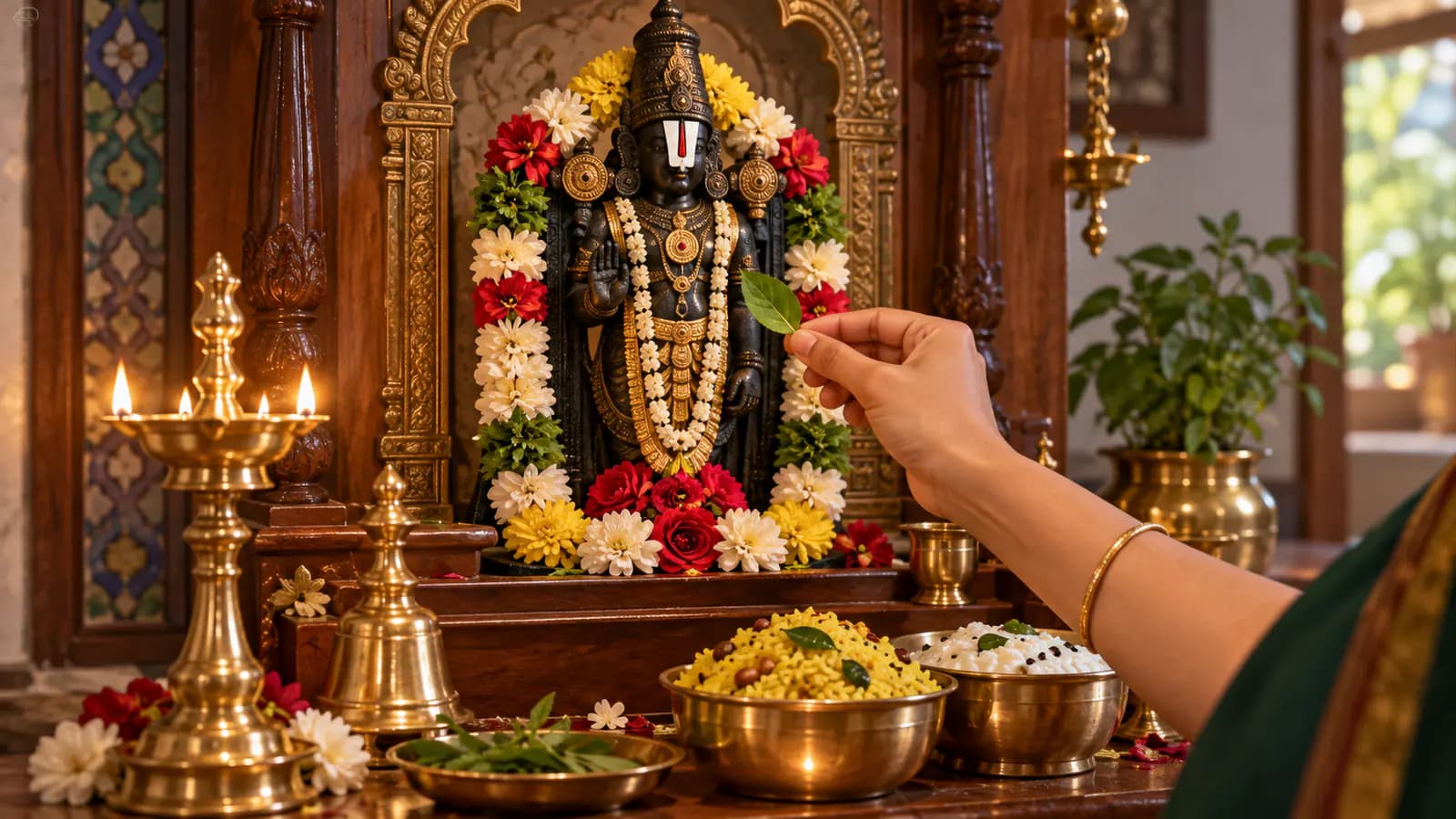 ఇంటి పూజా మందిరంలో వేంకటేశ్వరునికి తులసి దళం, దీపం, నైవేద్యం సమర్పిస్తున్న దృశ్యం